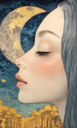 an illustration shows the face of a woman in profile with a crescent moon above her