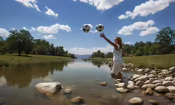 a woman wearing white jumps up to catch a soccer ball