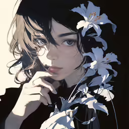 a woman posing in front of white flowers