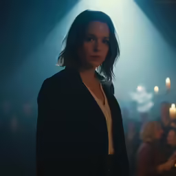 a woman in a black coat and dark lighting