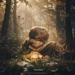 a person laying down in the forest hugging each other
