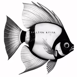 an artistic drawing of a black and white fish