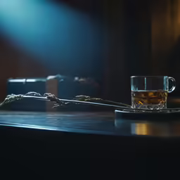 glass of wine and tea on wood table
