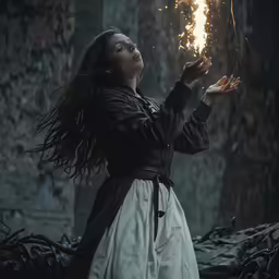 a woman standing in the woods holding a sparkler