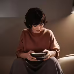 woman sitting on chair holding black bowl with light behind her