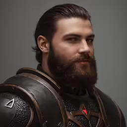 a close - up view of a man with a beard wearing a armor
