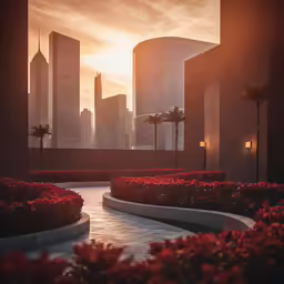 a large circle surrounded by flowers near tall buildings