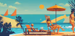 people sit on beach chairs next to the water,two people lounging on the beach at sunset