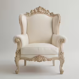 a vintage chair is all set up with white walls and a white wall