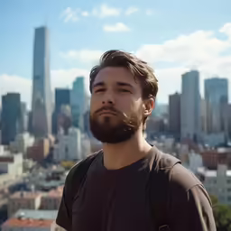 a man with a beard stares in to the distance