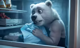 a white bear is holding a towel in front of a refrigerator