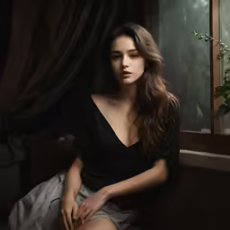 a woman sits down in front of a window