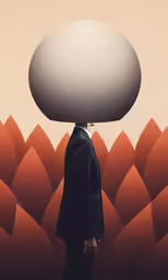 a man in a suit stands in front of large balls