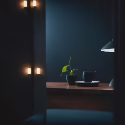 a table with a plate, coffee mug and potted plant