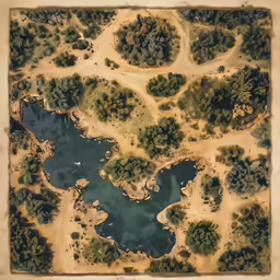 a painting depicting a pond surrounded by trees and plants