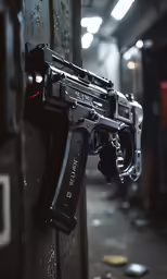 an automatic rifle mounted on a wooden wall