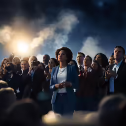 many people are standing and clapping in front of a sky full of clouds