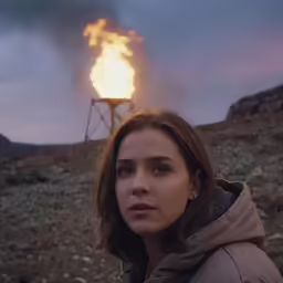 a woman is standing in front of a smoke stack