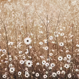 a field of wild flowers with brown and white colors