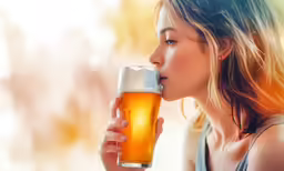 a woman smelling a mug of beer in the window