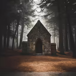 a small house in the middle of trees on a foggy day