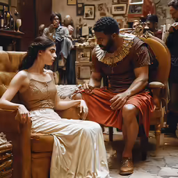 a man and woman in ancient costumes sit together