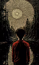 there is a young person looking at an image of a lake