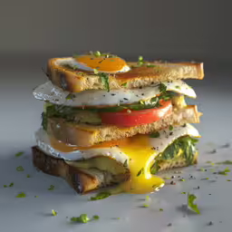 sandwich cut in half on a plate with dressing,this sandwich is stacked with fresh vegetables, cheese and an egg