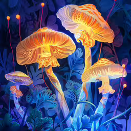 a group of mushrooms that are in the grass,an artistic painting of a group of mushrooms