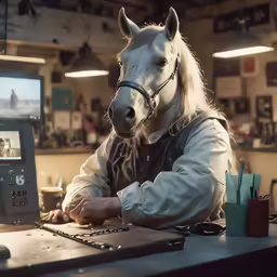 a person wearing a horse mask using a computer