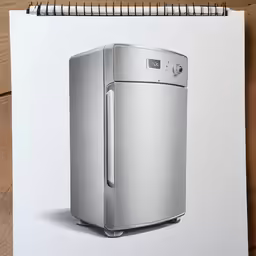 a drawing of a small fridge sits on a white paper