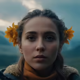the woman is wearing a sunflower headband with long hair