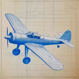 an illustrated drawing of a blue airplane with a large front engine