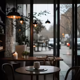 table with cups and coffee at restaurant in rainy day