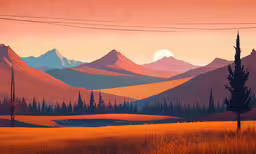a painting shows mountains, power lines, and telephone wires,a large painting that has mountains and trees in the background