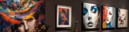 art work displayed in a dark room