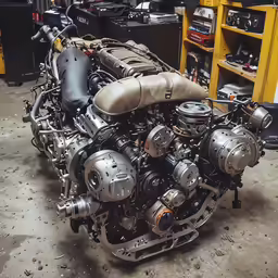 an automobile engine is on display in a shop