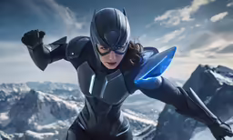 a female hero with futuristic garb on her chest
