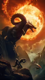 an illustration of a dragon riding a mountain over an icy, rocky mountain