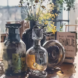 several vases of flowers on a window sill