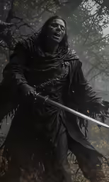 a man in black holding a sword in the middle of a forest