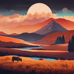 a painting of a cow grazes in a field,a cow grazing in the wilderness under a bright moon