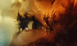 an eye with long eyelashes and hair on top of it