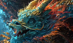 a colorful dragon is shown with an open mouth