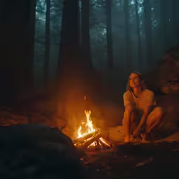 the woman is sitting in front of a fire in the woods