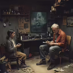 two people are seated together looking at something