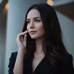 an attractive woman in a black top holding a cell phone to her ear