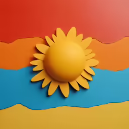 a yellow sunflower is against an orange, blue and red background