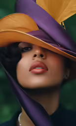 a woman wearing a purple and yellow hat