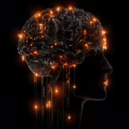 a glowing head with an abstract figure next to it